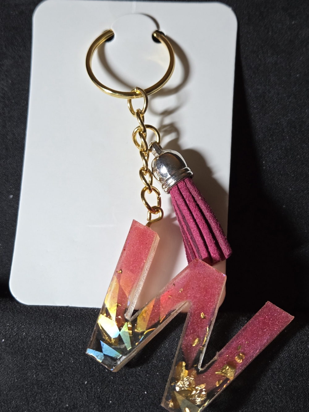 Pink Initial 'W' Key & Card Holder Tassel Keychain with Gold Hardware